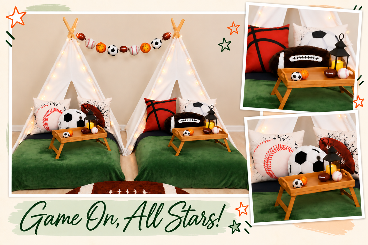 Sports All-Star slumber party theme with sports pillows, green blankets, trays, lanterns and ball garland