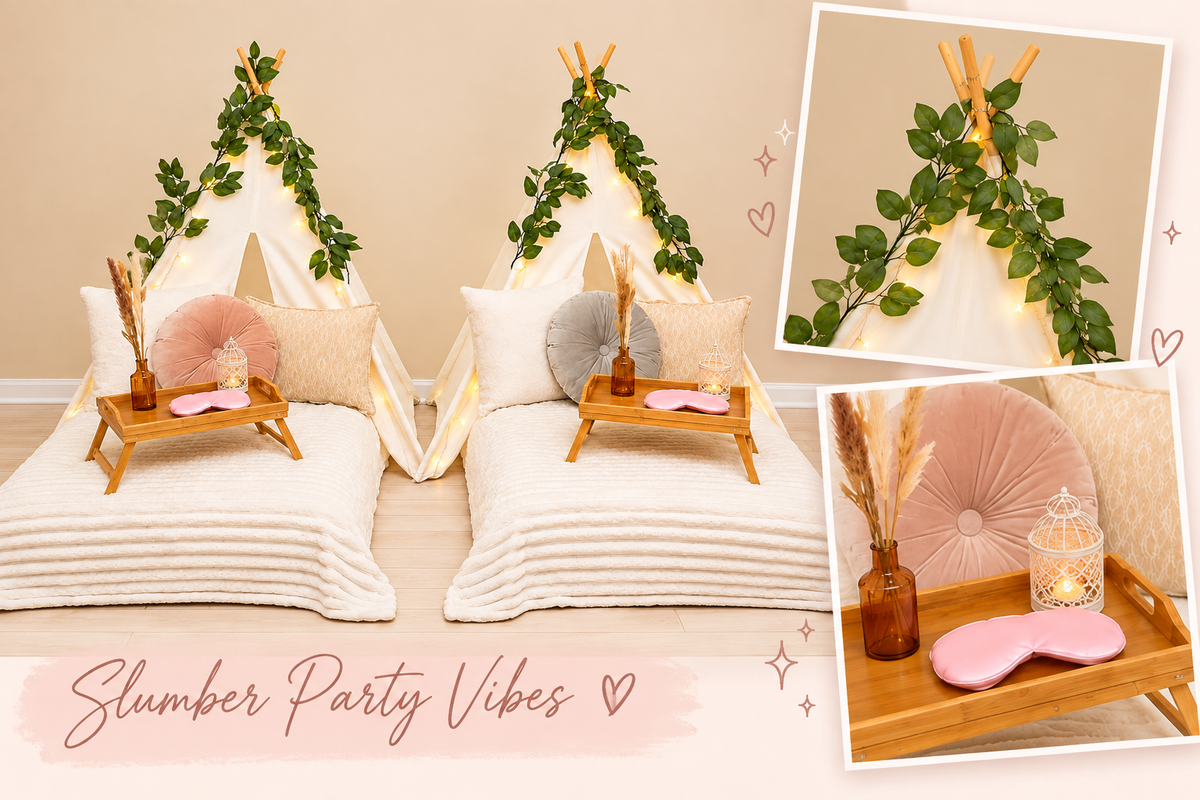 Boho Chic slumber party theme with greenery, neutral cushions, trays, lanterns and fairy lights