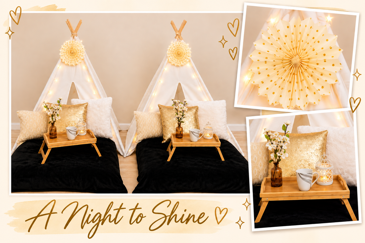 Black and Gold Glam slumber party theme with black blankets, gold pillows, trays and lanterns