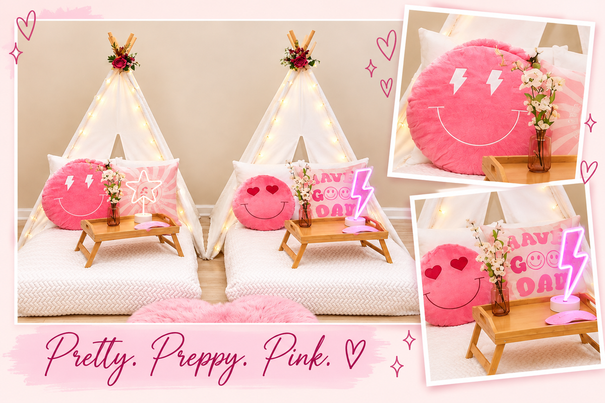 Pink Smiley slumber party theme with white teepees, pink smiley pillows, trays and glowing lights