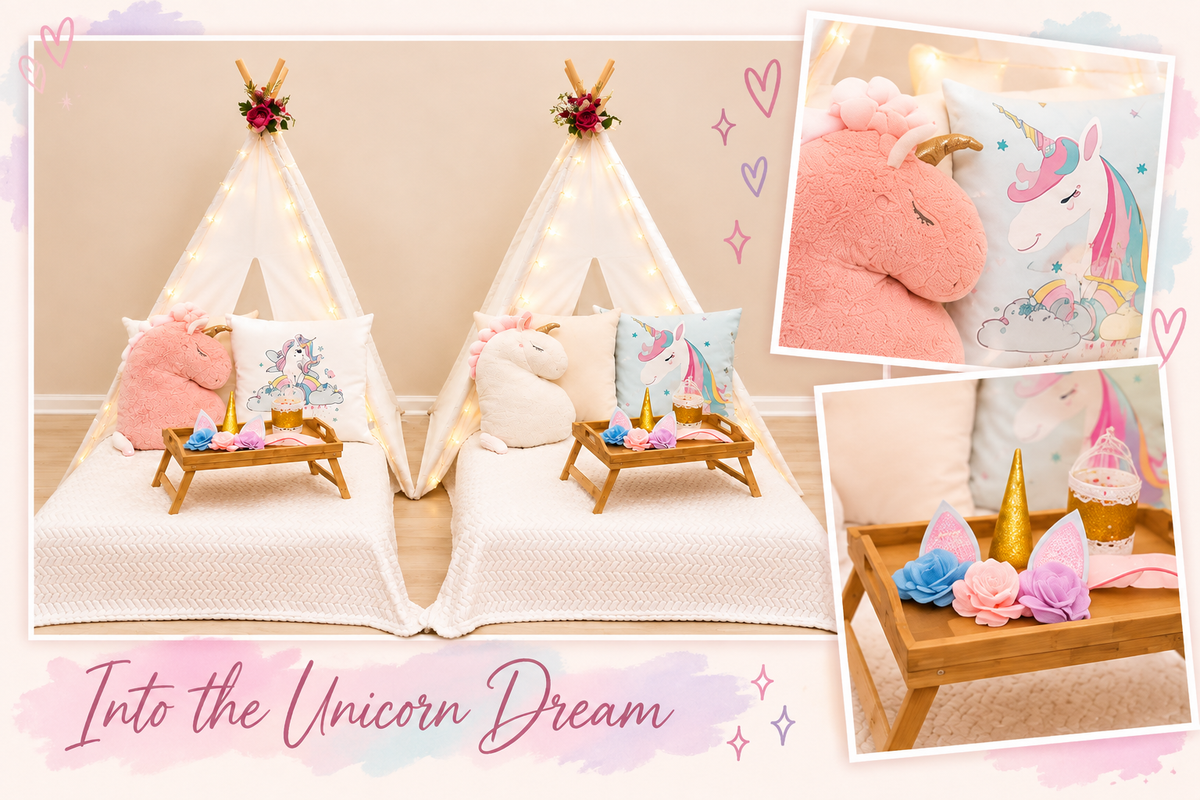 Magical Unicorn slumber party theme with white teepees, unicorn pillows, trays and fairy lights