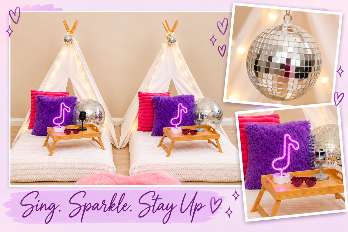 Karaoke Night slumber party theme with purple and pink pillows, microphones, disco balls and musical lights